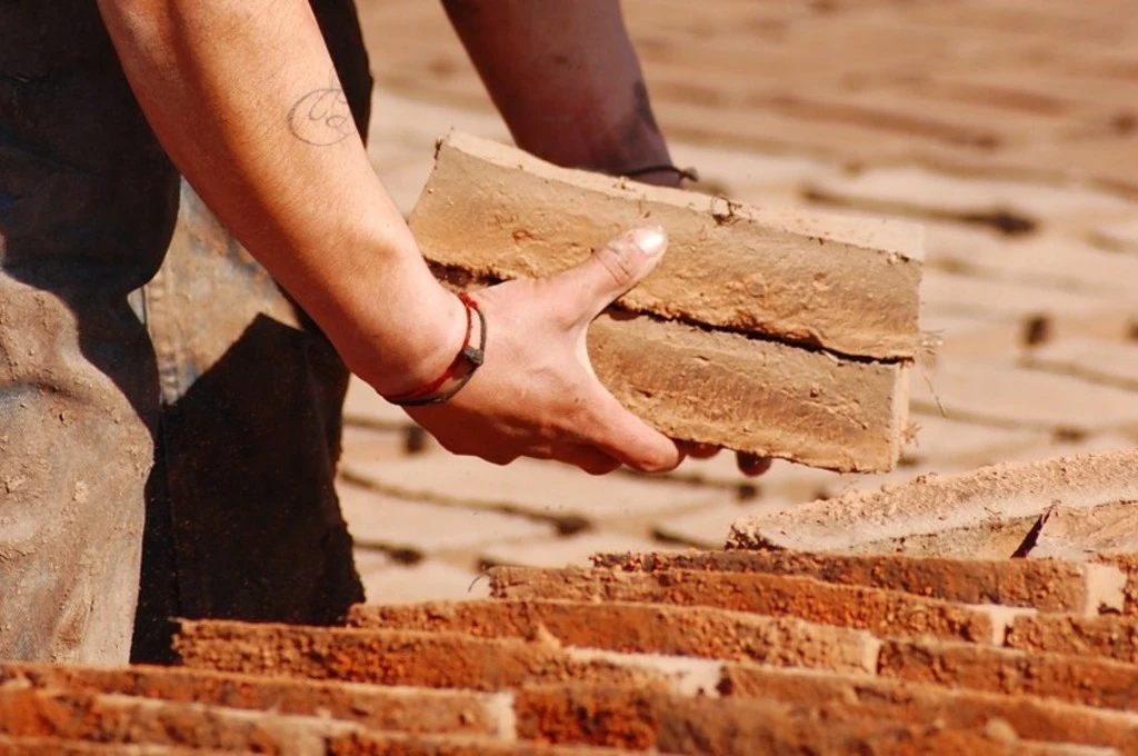 The image is a close-up of a person's hands holding two bricks. Rows of bricks can be seen in the background.
