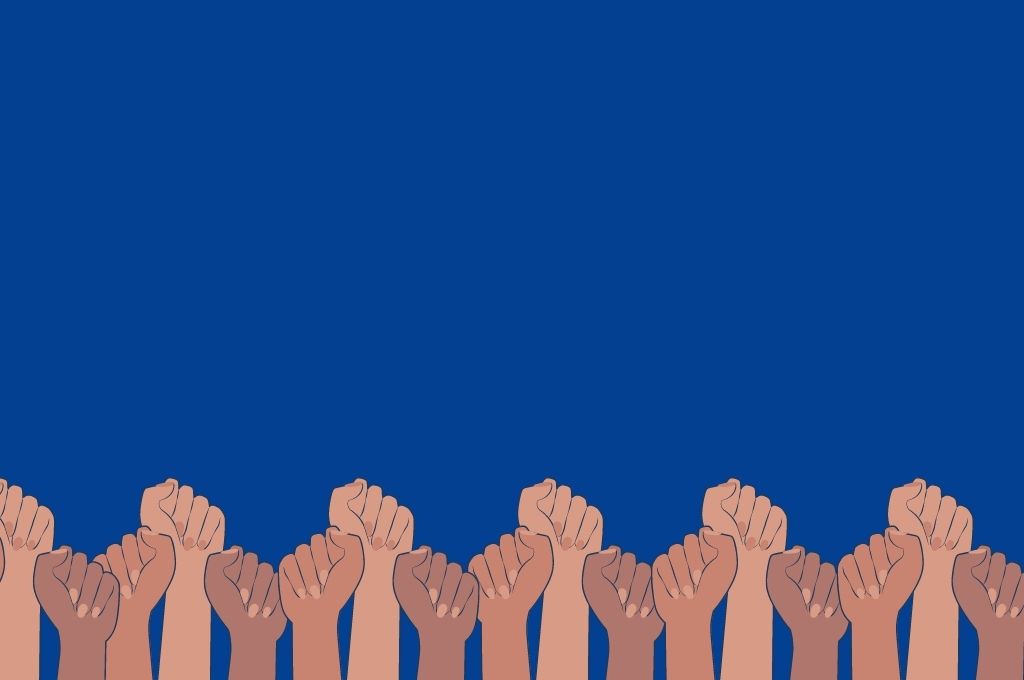 A graphic of women with raised fists, against a blue background