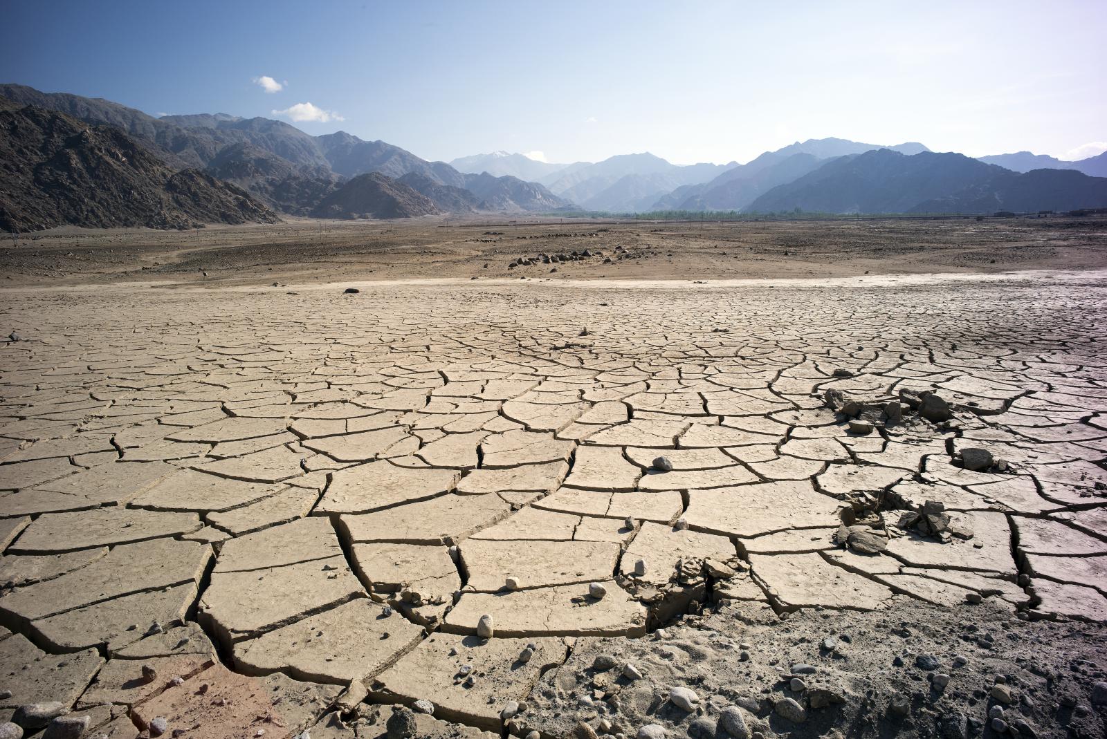 A stretch of land in ladakh, india with cracks on the surface to show dehydration 