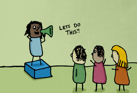 illustration with stick figures in which one figure is announcing 'let's do this' to three other figures