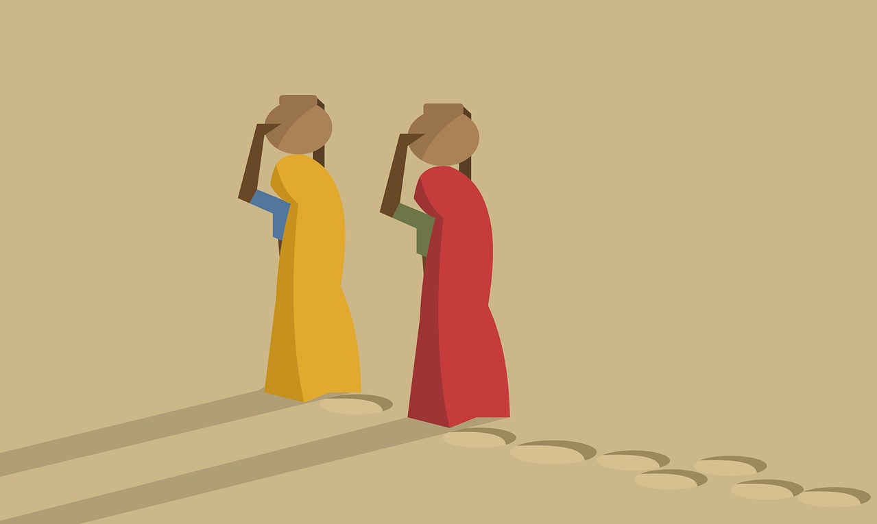 illustration of two women carrying water in a desert-labour