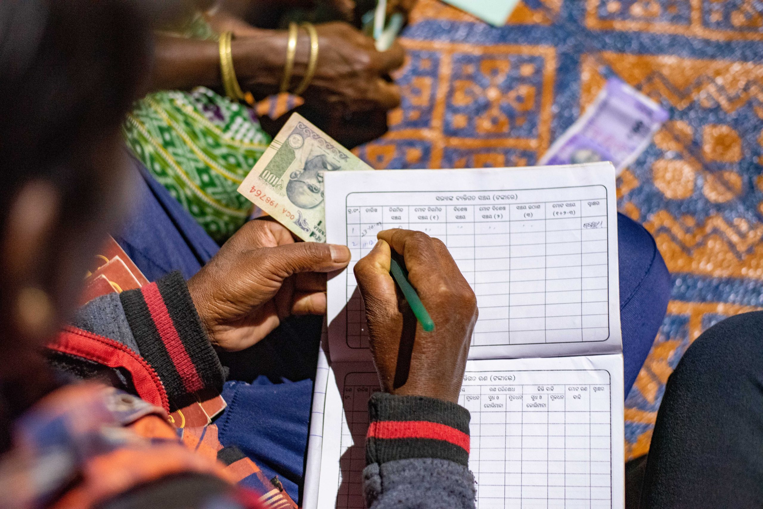 A fieldworker making an entry in a financial ledger