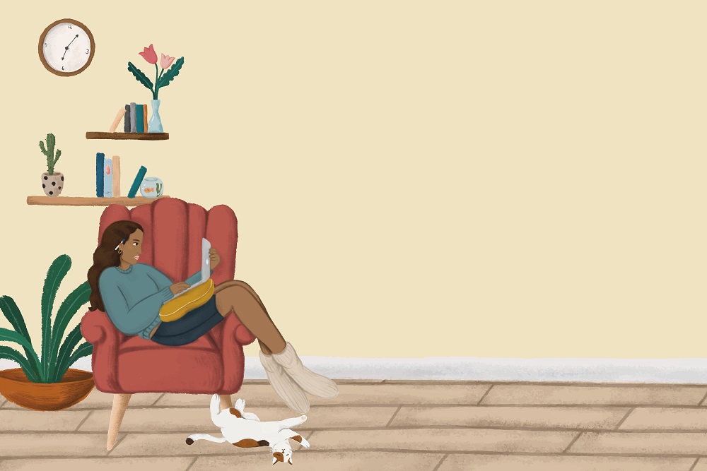 A woman sitting in an armchair, looking at her laptop_graphic_Rawpixel 