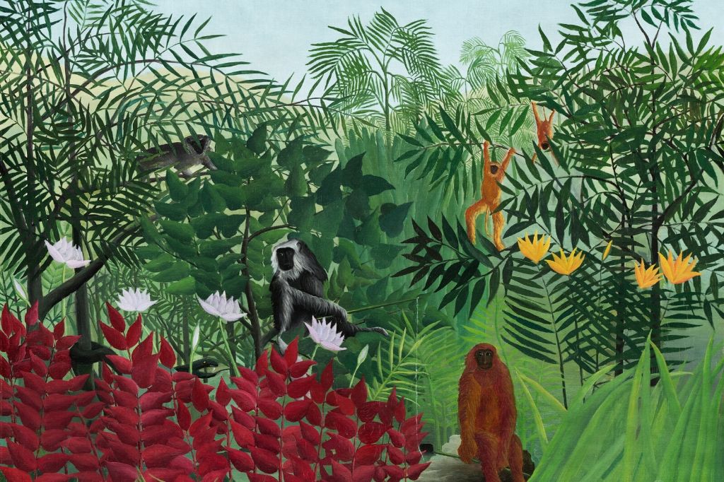 painting of tropical forest with animals - environment