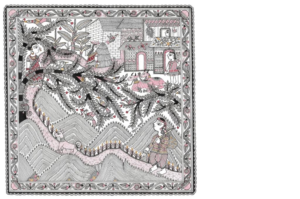 Madhubani art scene depicting Kanjariguda, Odisha-self-help group 