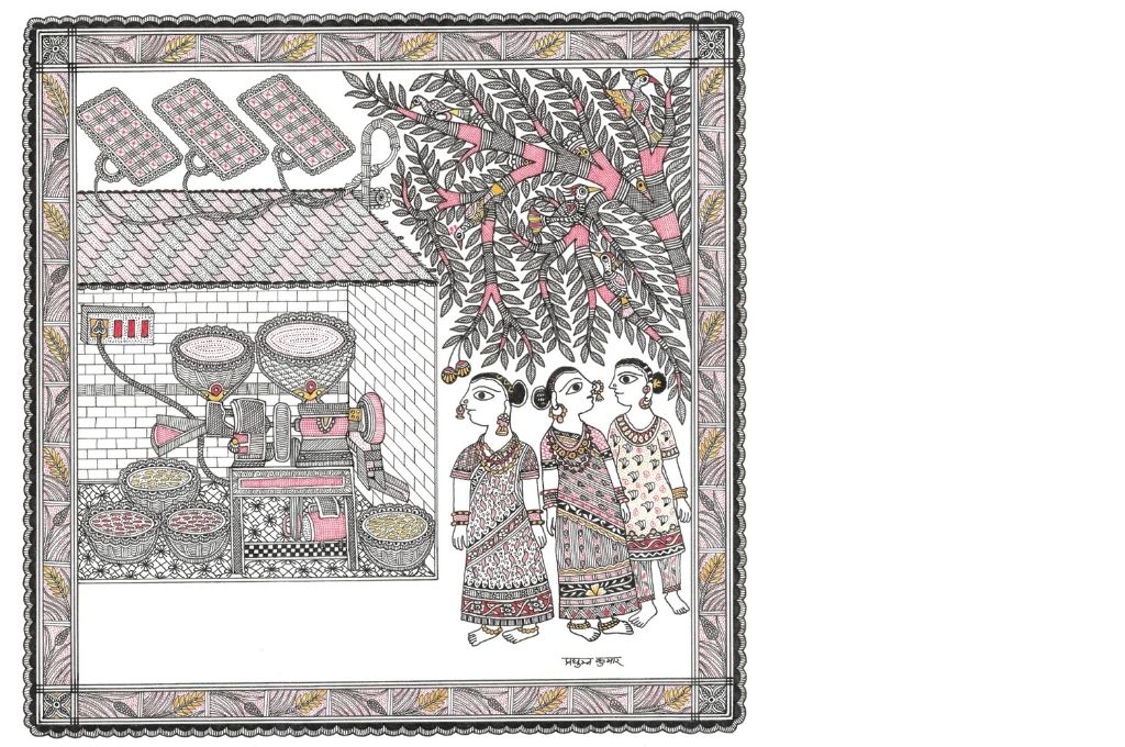 Madhubani art scene depicting a rice mill and women-self-help group