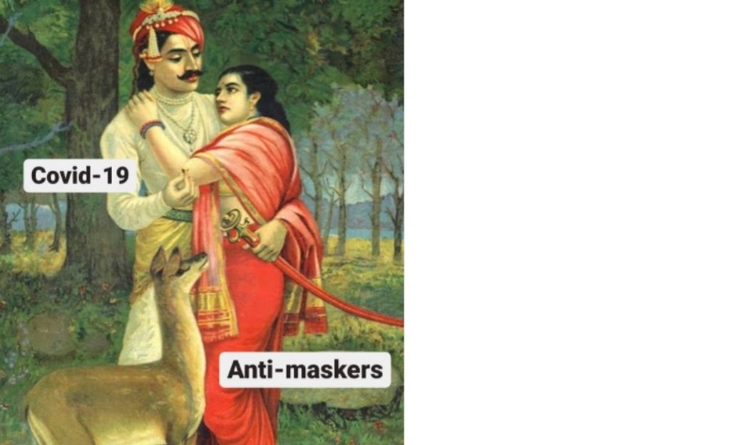 A man embracing a woman with a deer next to them. Man being covid-19, woman-anti-maskers-lockdown