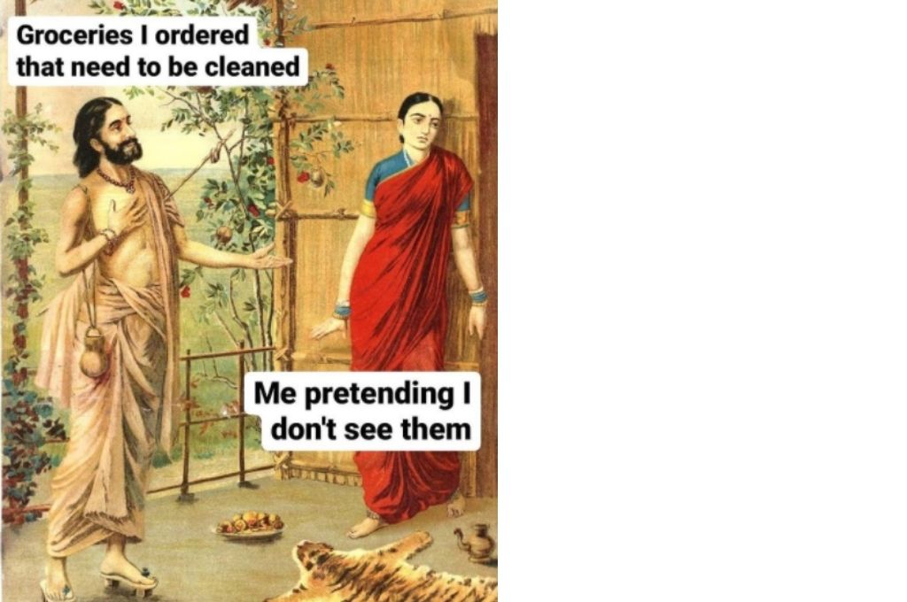 A man asking for alms from a woman who is looking away. Man representing groceries I ordered that need to be cleaned, woman representing -me pretending I don't see them-lockdown