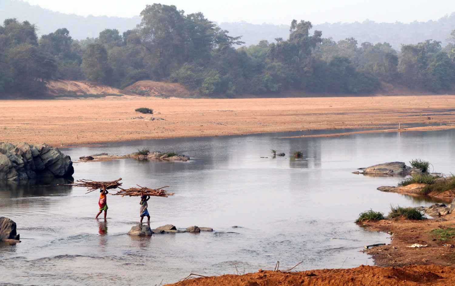 two members of the Madia Gond tribe in Gadchiroli carrying fuelwood and crossing a river