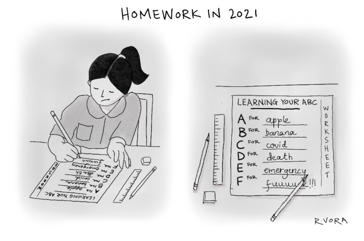 A cartoon of a student writing the alphabets-nonprofit life_cartoon courtesy-Rachita Vora