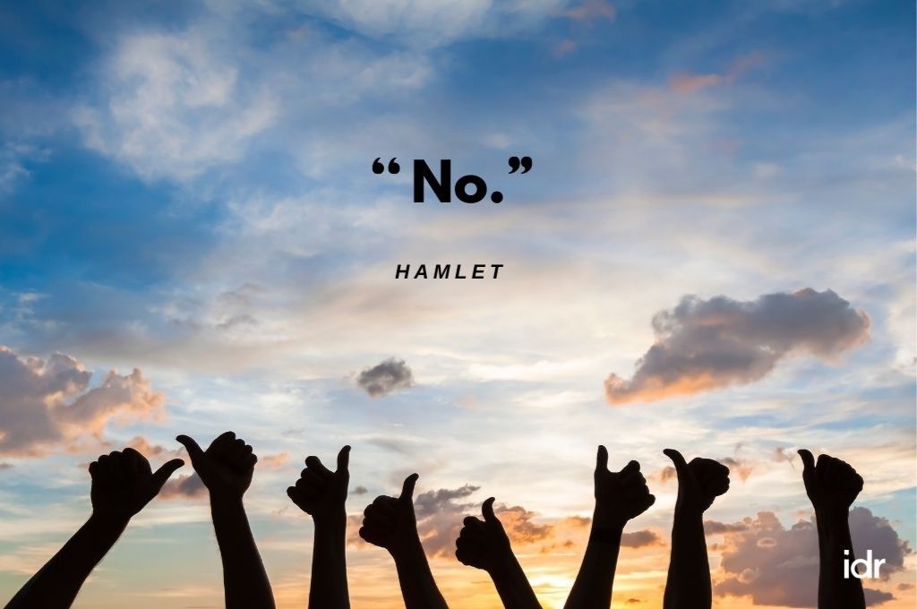 Backdrop of hands showing a thumbs up against a sky with clouds. In quotes, No. Hamlet"-donor