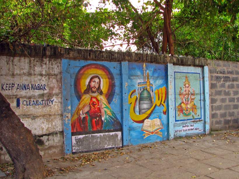 wall painting representing christianity, islam, and hinduism