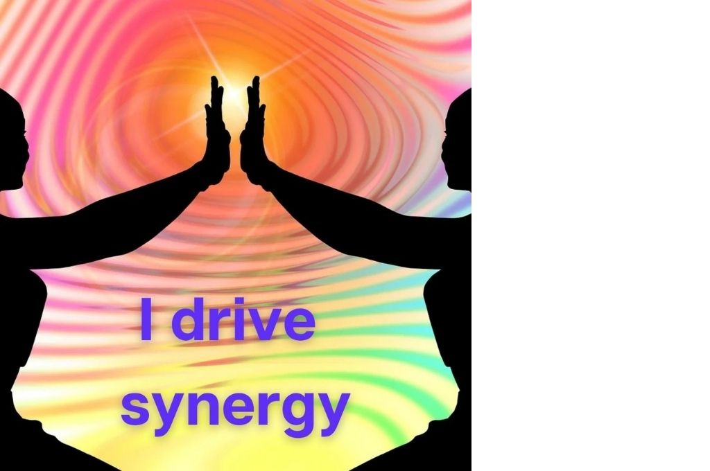 silhouette of two hands joining together against a multicoloured background and the text 'i drive synergy' in purple-affirmations 