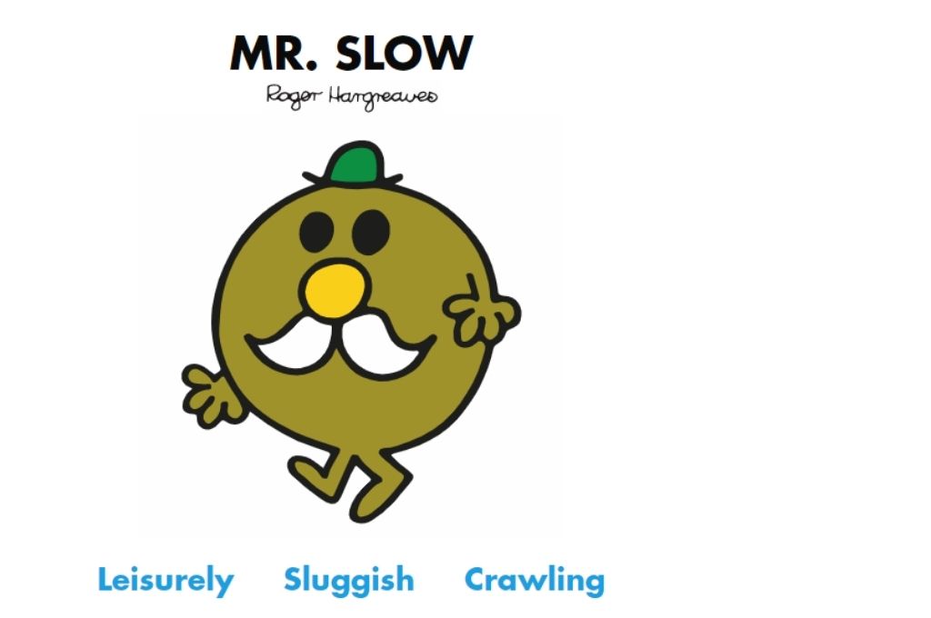 an elderly olive cartoon with a white mustache and a green hat. Leisurely, sluggish, crawling-Mr Men and Little Miss