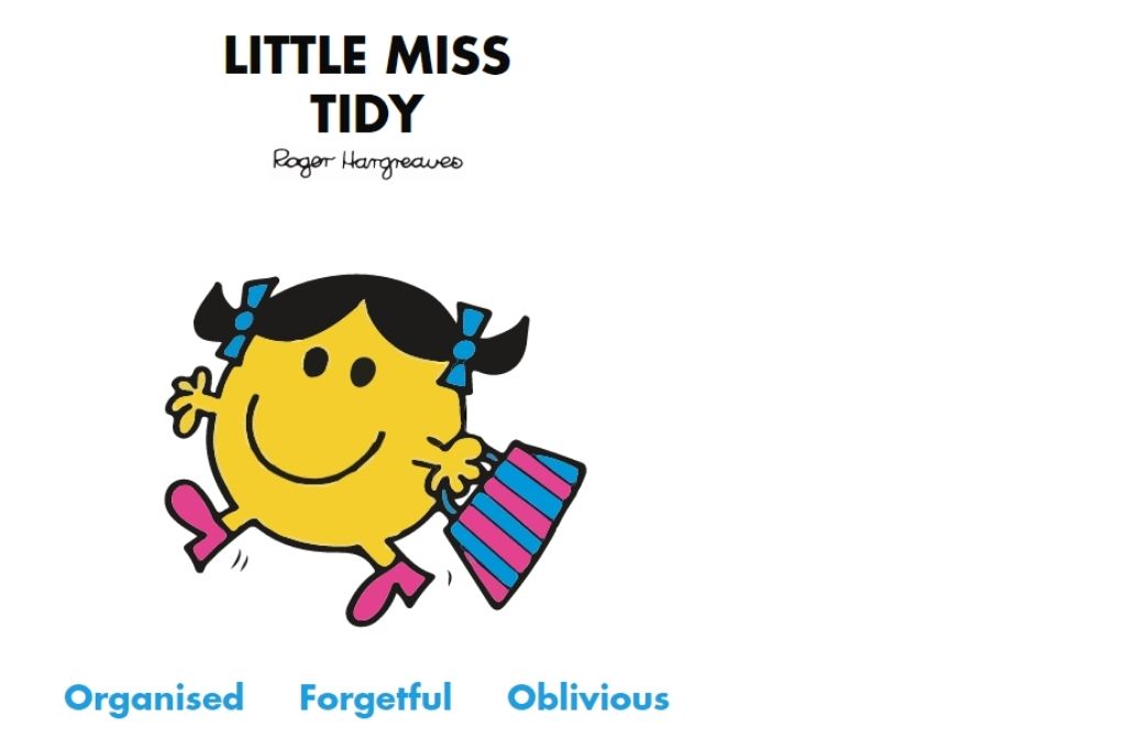 a yellow colour smily cartoon with two pigtails and a handbag. Organised, forgetful, oblivious-Mr Men and Little Miss