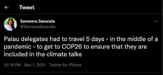 Screenshots of tweets by Sameera Savarala about the exclusion at COP 26