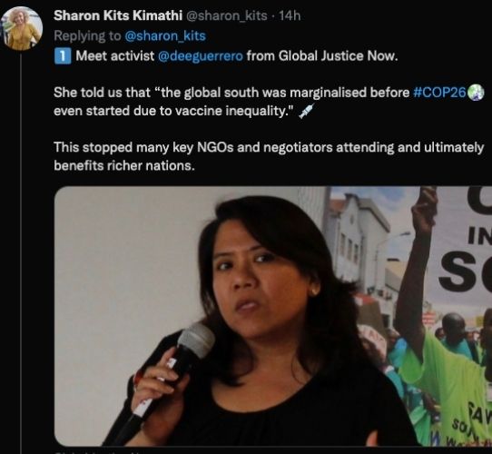 Screenshots of tweets by Sharon Kits Kimathi about the exclusion at COP 26