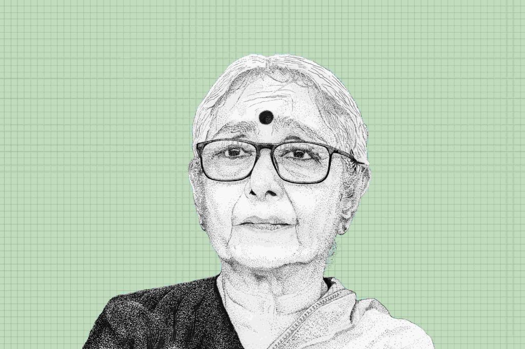 A black and white illustration of Aruna Roy on a green background