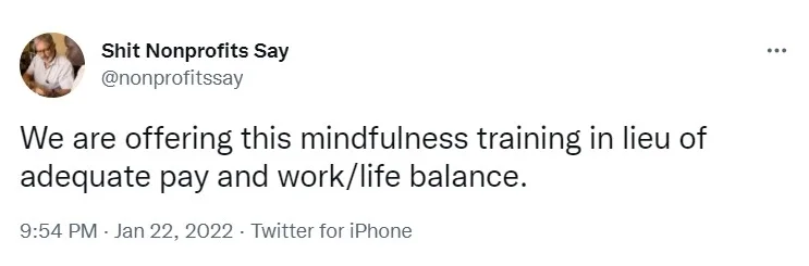 Tweet from Shit Nonprofits Say which reads 'we are offering this midfulness training in lieu of adequate pay and work/life balance.'- nonprofit humour