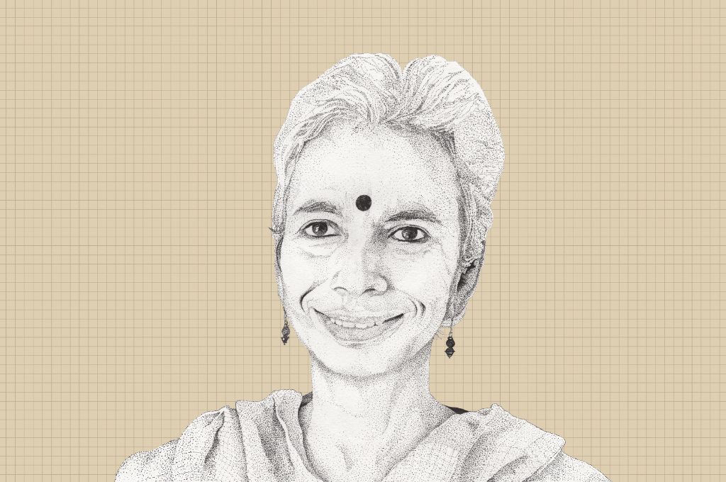 Black and white illustration of Sushma Iyengar against a beige background