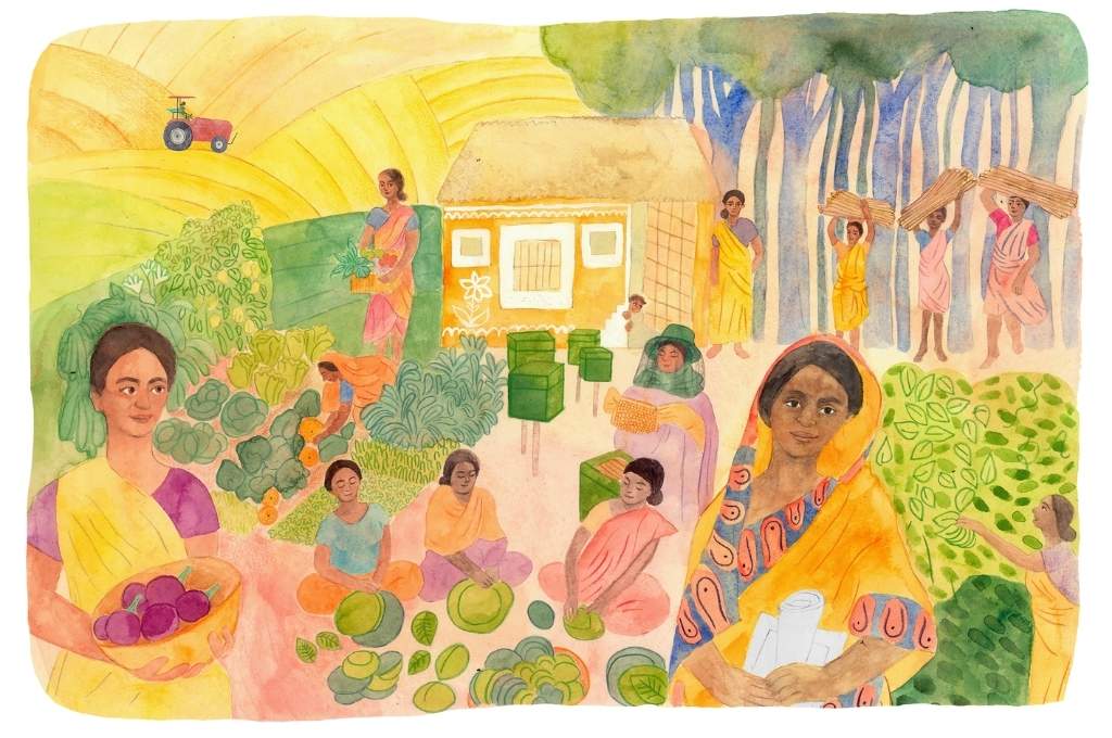 Illustration of women working on land in various ways-land rights