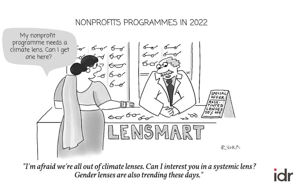 Caricature of woman trying to buy a "climate lens" from a shop called "Lensmart"-nonprofit life