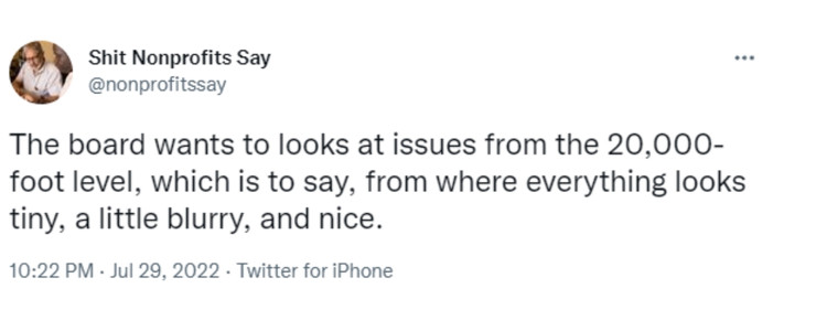 Tweet from Shit Nonprofits Say that says "The board wants to looks at issues from the 20,000-foot level, which is to say, from where everything looks tiny, a little blurry, and nice"-nonprofit humour