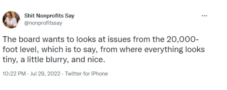 Tweet from Shit Nonprofits Say that says "The board wants to looks at issues from the 20,000-foot level, which is to say, from where everything looks tiny, a little blurry, and nice"-nonprofit humour