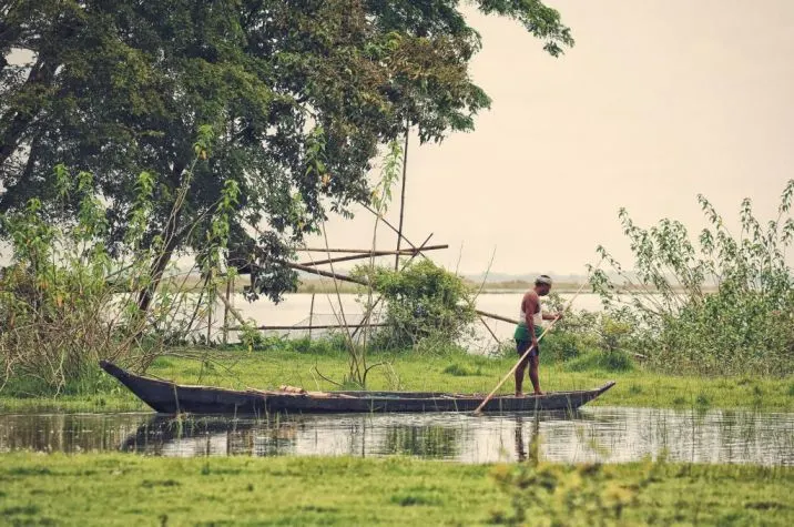 A man stands and rows a wooden boat on the edge of a water body surrounded by trees and plants growing in the water._mental health