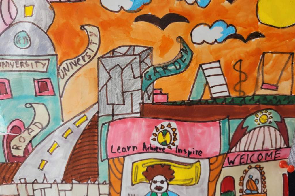 A child's illustration of a city--inclusion