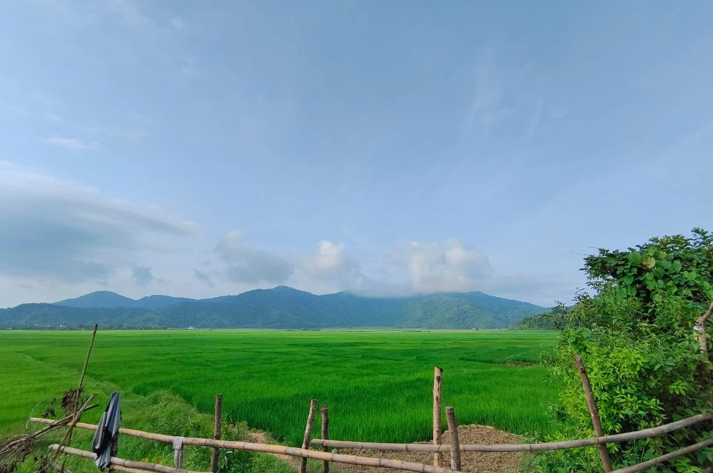 A lush green field with mountains in the distance_Manipur land rights