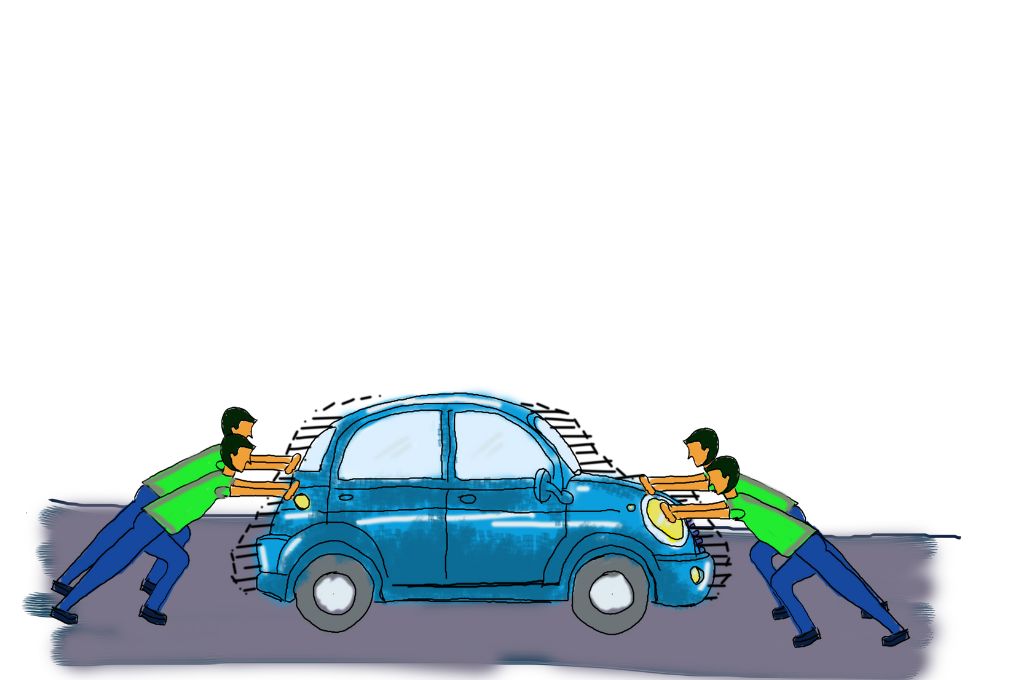 a cartoon of two men pushing a car-coordinate systems