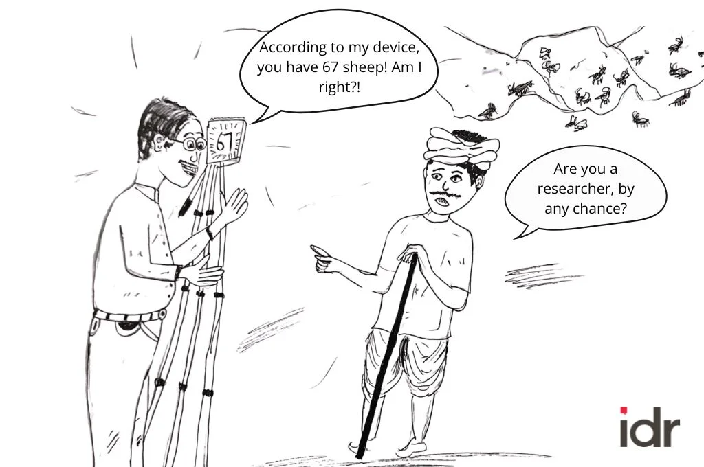 a cartoon of a researcher telling a farmer according to his device he has 67 sheep_nonprofit humour