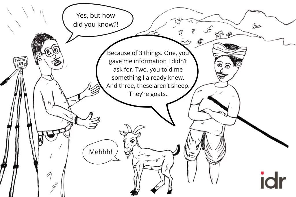 a cartoon of a farmer telling a researcher that he gave him information he didn't ask for, you him something he already knew and that these aren't sheep but goats_nonprofit humour