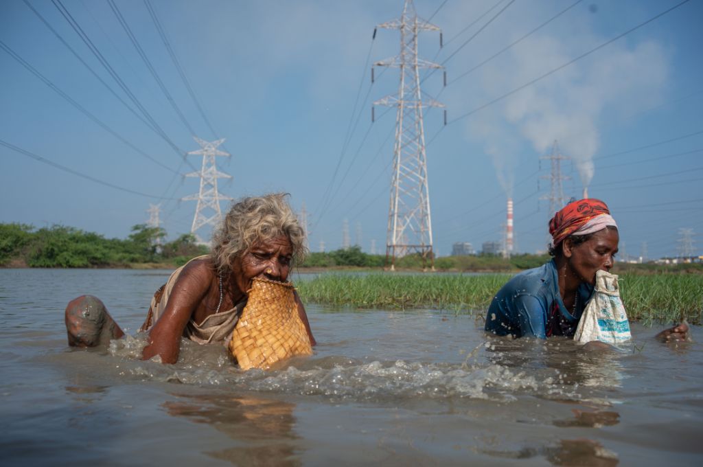 Two tribal women, Govinthammal and her friend, catching prawns by hand in the Kosasthalaiyar river_industrialisation