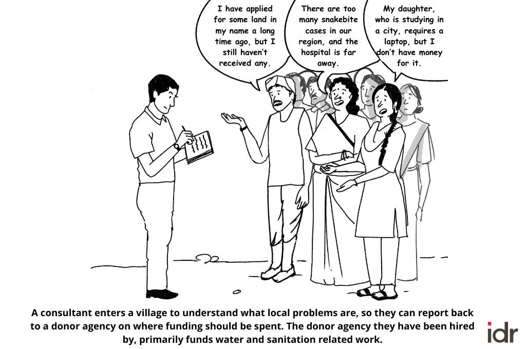 A cartoon depicting a consultant, sent by a donor agency that funds water and sanitation work, speaking to villagers about what their problems are. The villagers indicate a host of problems, none of which concern water or sanitation-nonprofit humour