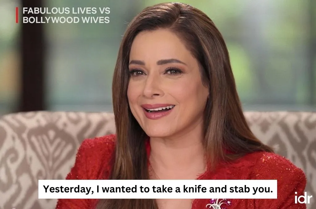 neelam kothari saying, "Yesterday, I wanted to take a knife and stab you," in Bollywood Wives--nonprofit humour