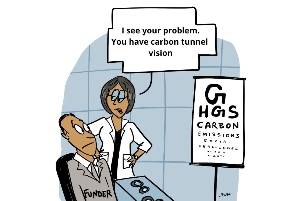 A cartoon depicting a funder getting an eye test. The optometrist tells the funder that he has climate tunnel vision-nonprofit humour