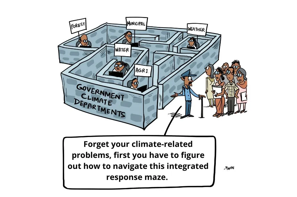 a cartoon depicting a maze of various government departments that work on climate change-nonprofit humour