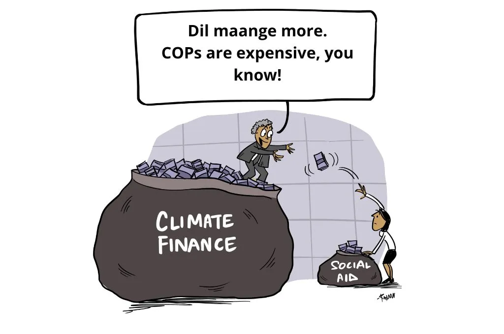 a cartoon about climate finance, where a sack titled 'climate finance' has most of the money, whereas a sack titled 'social aid' has very little money-nonprofit humour