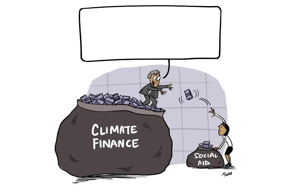 a cartoon about climate finance, where a sack titled 'climate finance' has most of the money, whereas a sack titled 'social aid' has very little money-nonprofit humour