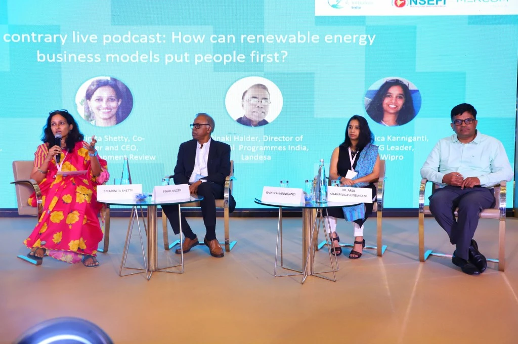 Smarinita Shetty, Pinaki Halder, Radhica Kanniganti, and Dr Arul Shanmugasundaram hold a conversation while sitting on a stage at the Responsible Renewable Energy Summit._Renewable energy