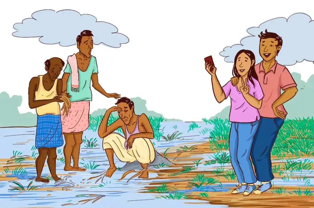 A flooded field with farmers on the left and a couple people clicking photos on the right_nonprofit humour