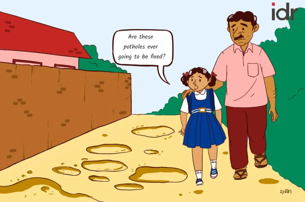 A father and daughter walk on pothole-filled road. The daughter wonders if the potholes will ever be fixed_nonprofit humour