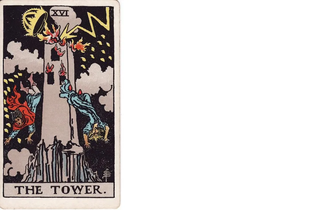 The image features the sketch of a tower. A lightning bolt strikes the top of the tower, starting a fire, and making the top of the tower, which look like a crown, fall off. Two human figures are seen falling out of the windows of the burning tower._Nonprofit humour