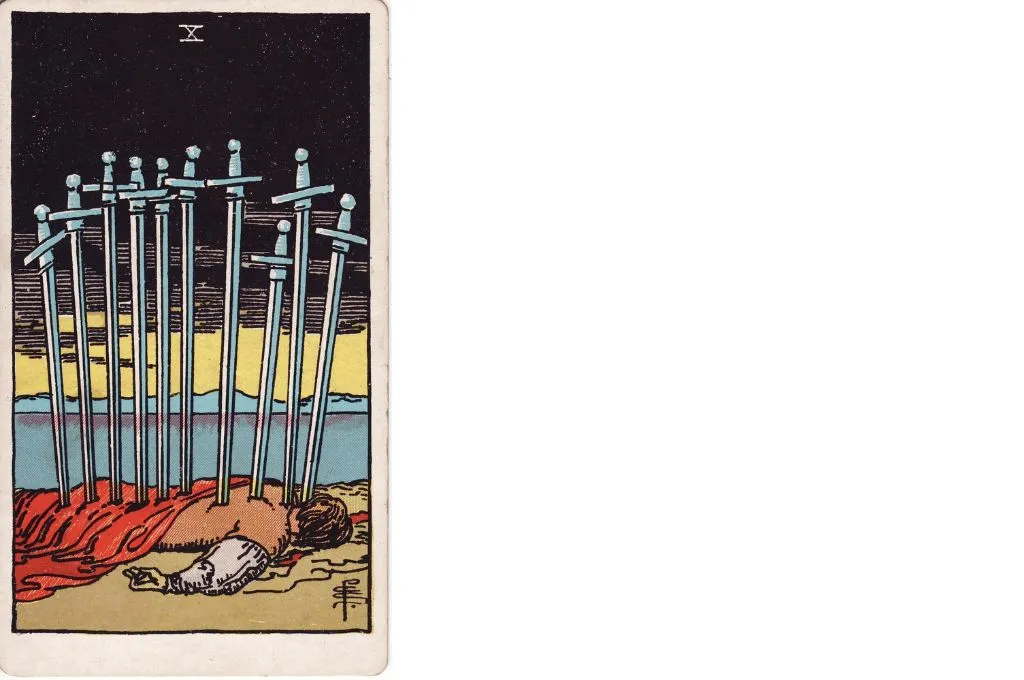 The image features the sketch of a figure of a man lying face down on the ground as he is impaled by 10 swords in his back._Nonprofit humour