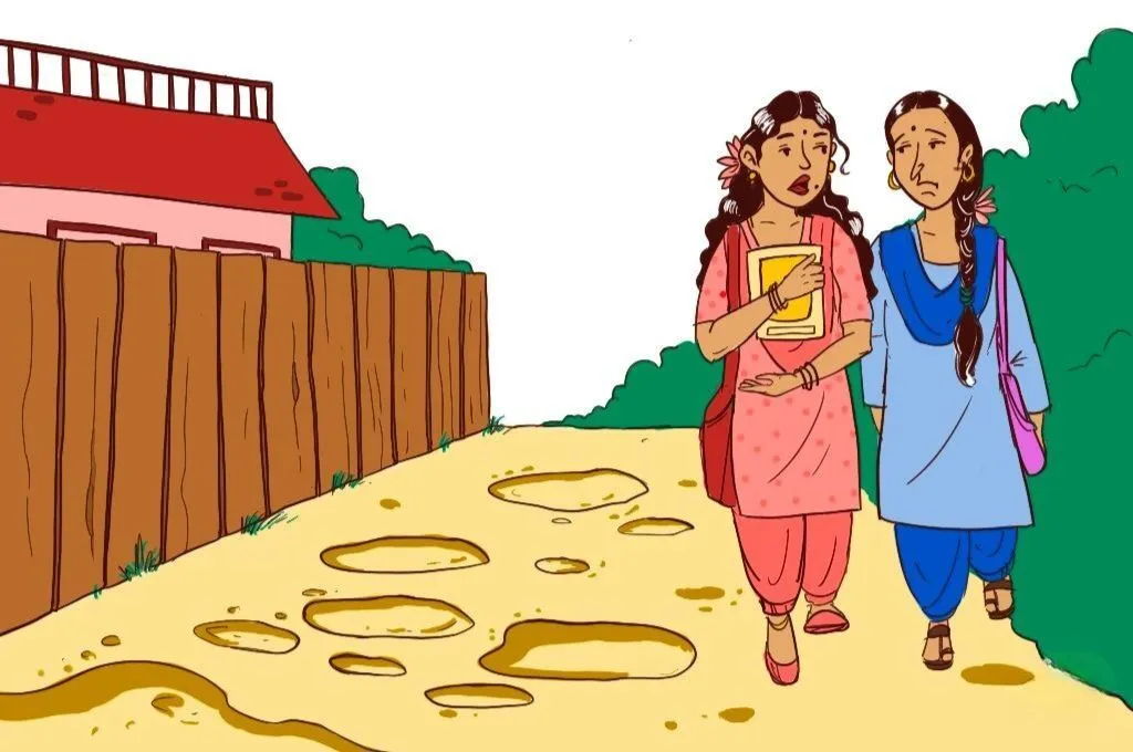 Two young women walk to school on a road full of potholes_nonprofit humour