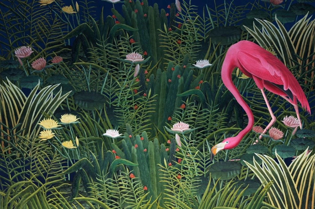An illustration of a flamingo in bushes_connection