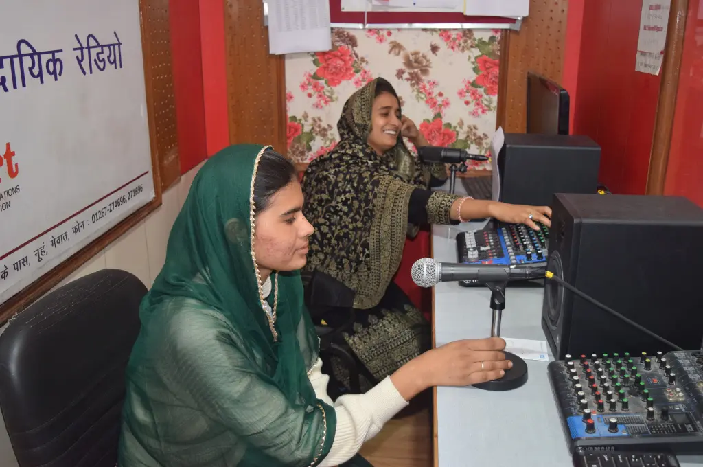 Two women host a programme at a community radio station studio in Mewat_community radio