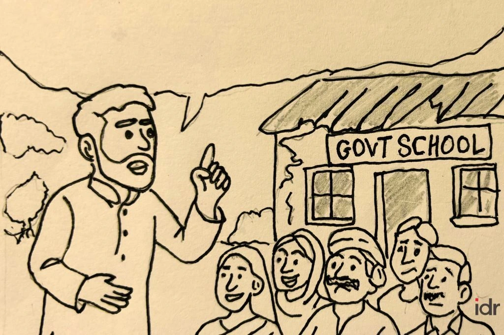 Cartoon of a man talking to people in a village_nonprofit humour